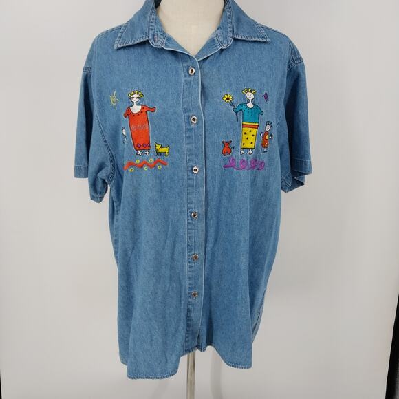 Very Important Pieces Women Denim Embroidered Whimsical Shirt Short Sleeve Large - Picture 1 of 11